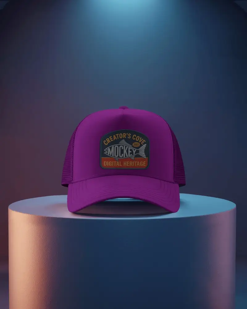 Trucker Cap Mockup Front View On Pedestal Under Spotlight With Gradient Studio Background