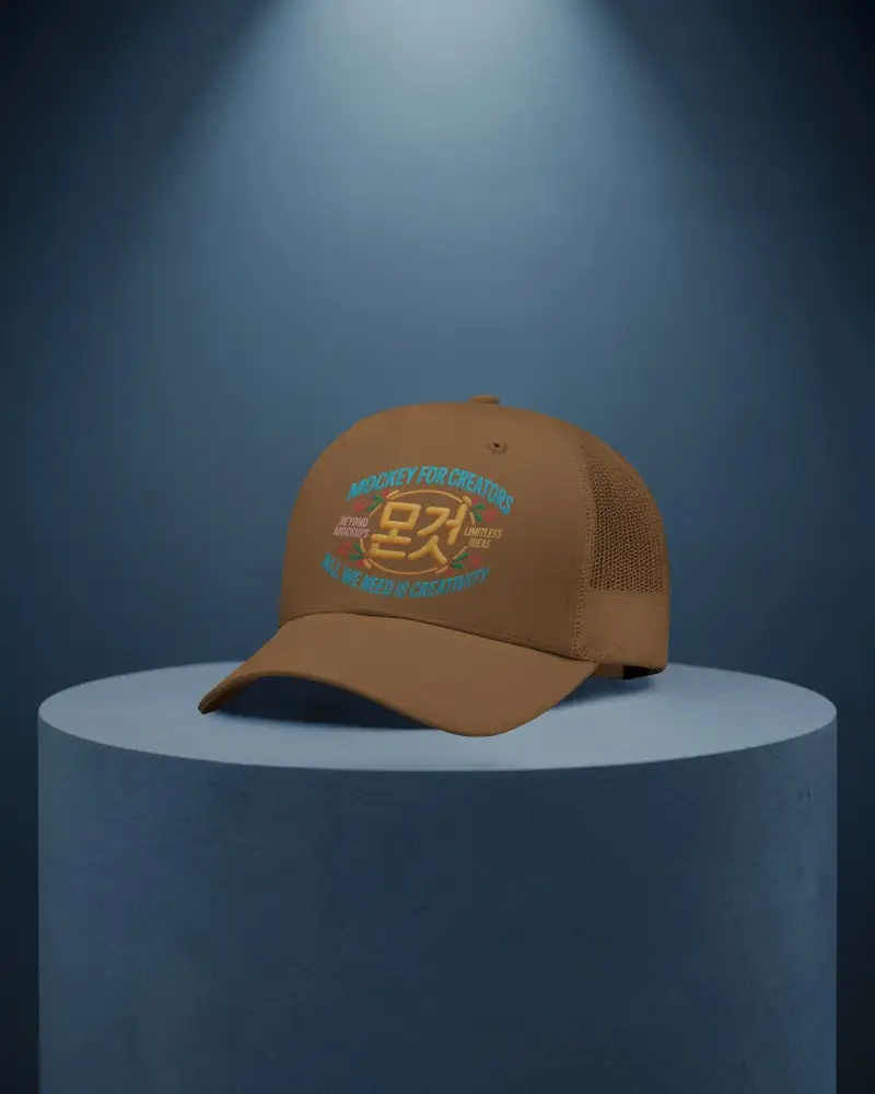 Photorealistic Trucker Cap Mockup Angled Display On Round Surface With Soft Lighting