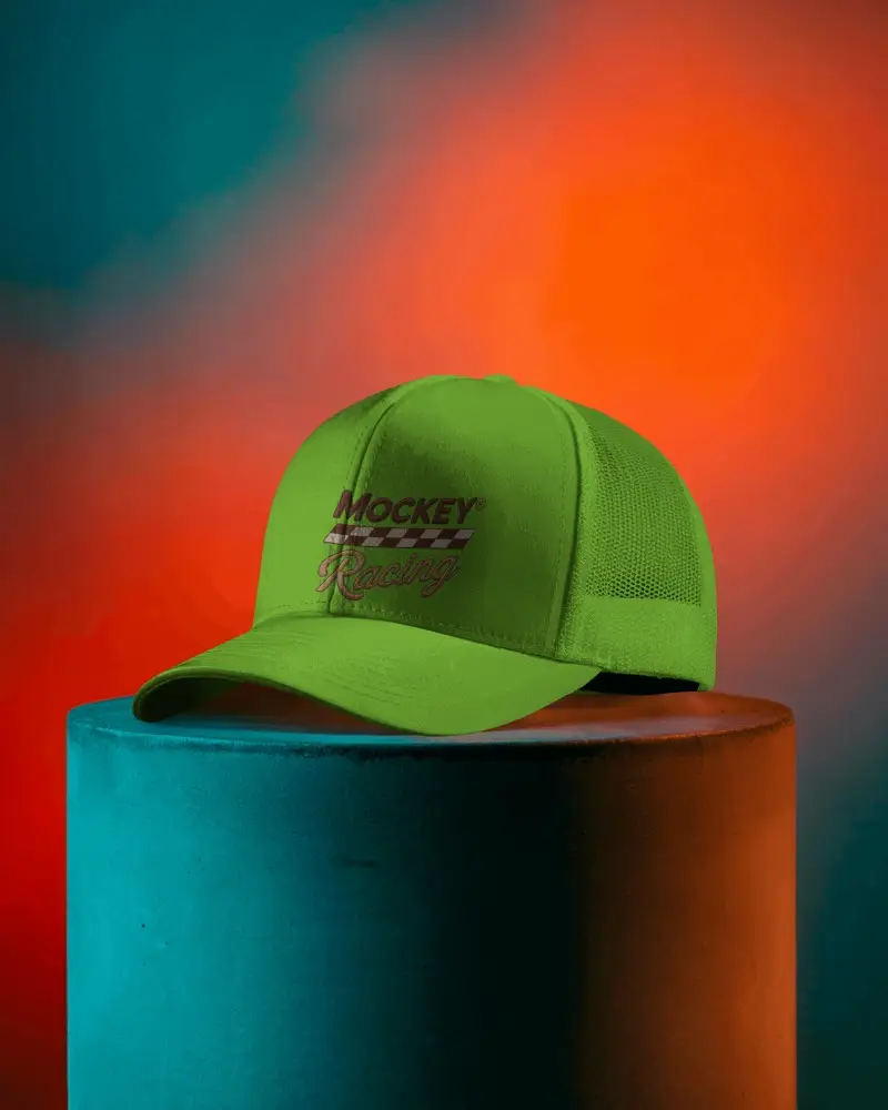 Stylish Trucker Hat Mockup Mesh Back Side Front View On Stand With Bold Color Background