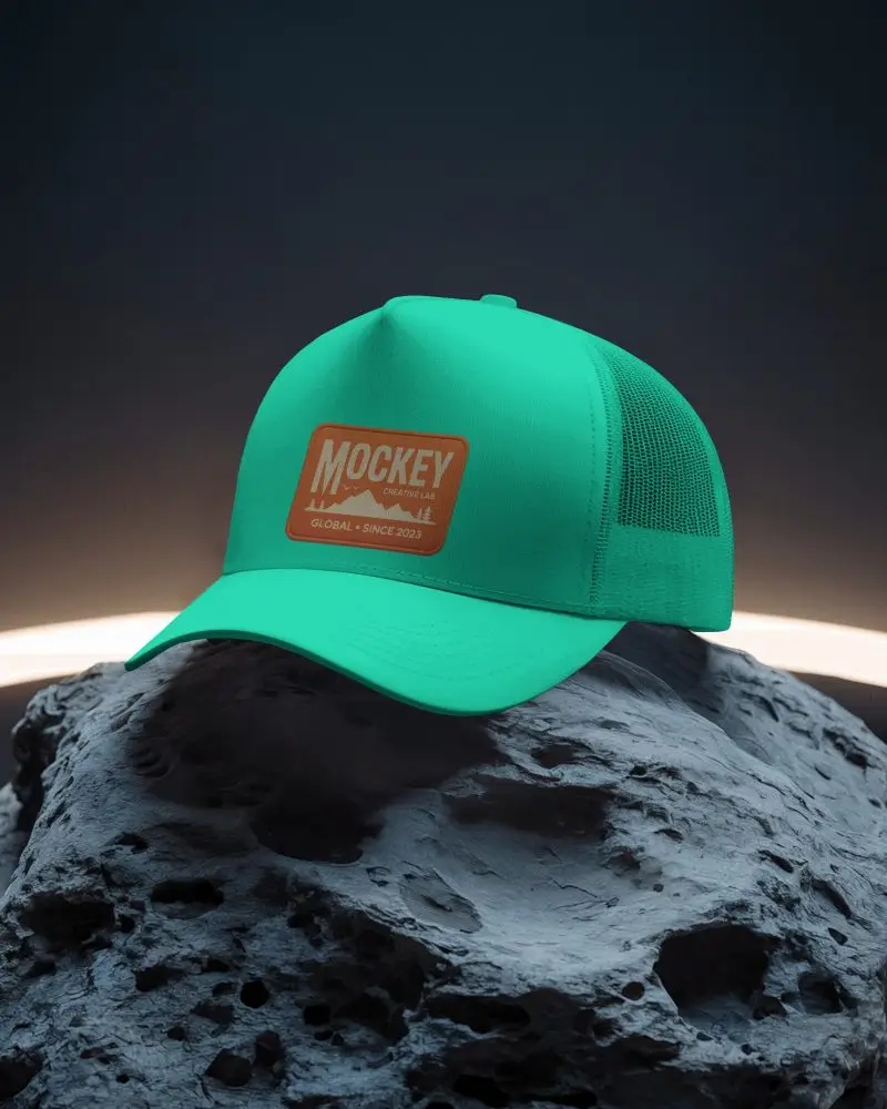 Photorealistic Trucker Hat Mockup Angled Display On Textured Stone With Glowing Backdrop