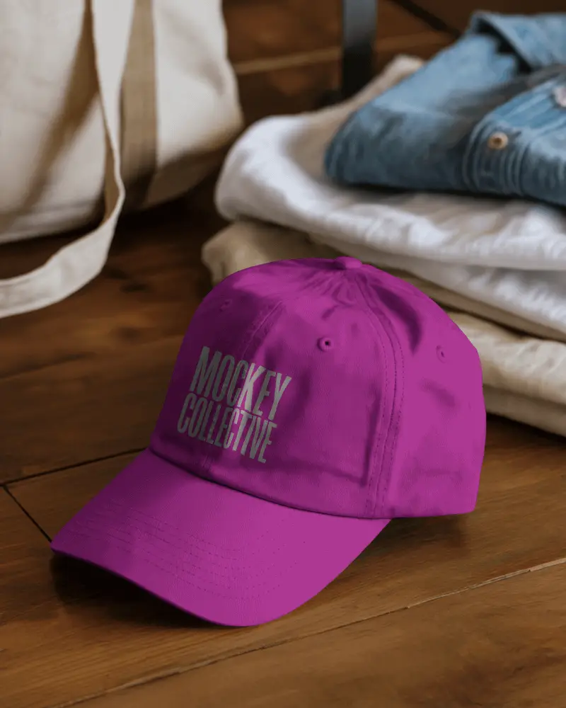 Casual Lifestyle Cap Mockup On Wooden Floor With Folded Clothes For Modern Fashion Display