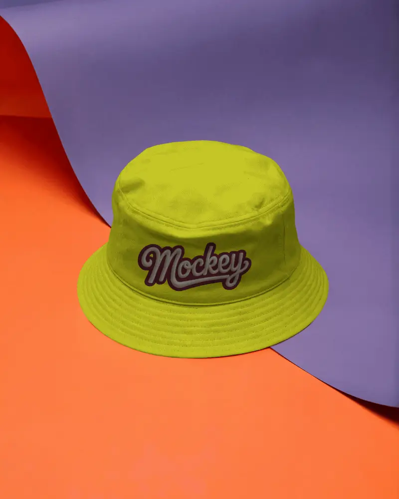 Trendy Bucket Cap Mockup On Colorful Paper Background Bold Contrast Modern Studio Vibrance