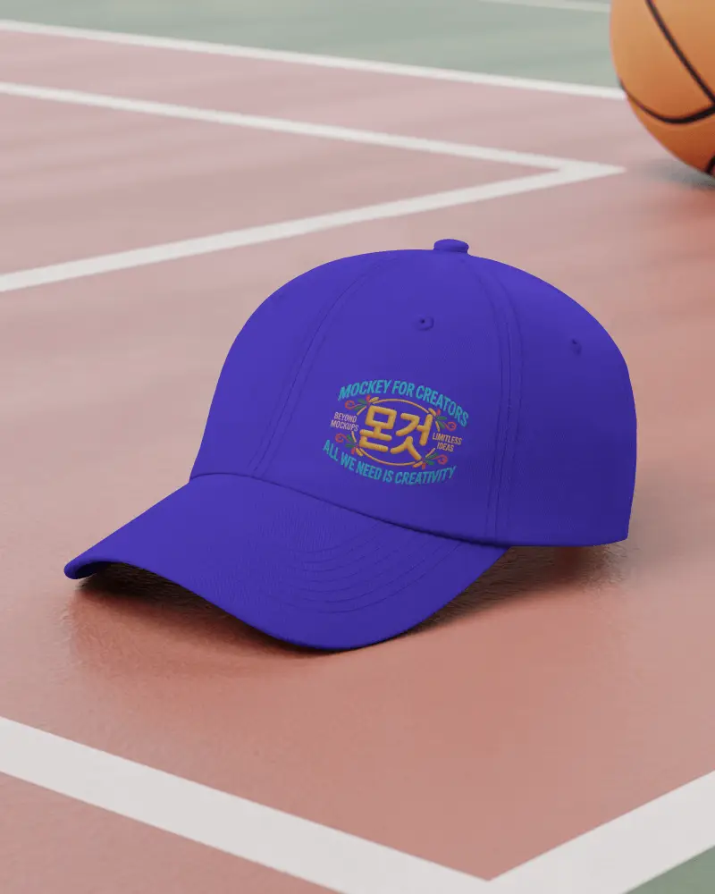 Sporty Cap Mockup On Basketball Court Surface With Orange Ball Streetwear Athletic Aesthetic