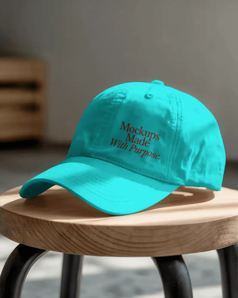Everyday Style Cap Mockup On Wooden Stool In Bright Studio Setting Simple And Relaxed Look