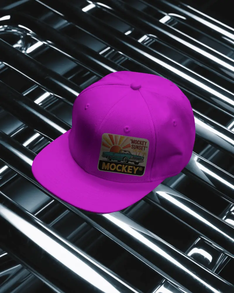 Futuristic Flat Cap Mockup On Metallic Chrome Pipes With High Contrast Light Modern Display