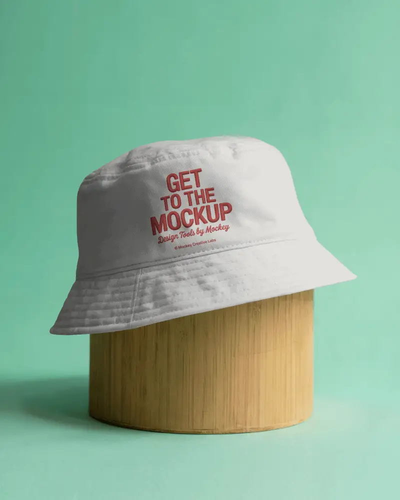 Trendy Bucket Cap Mockup On Wooden Cylinder With Mint Green Background Stylish Studio Shot