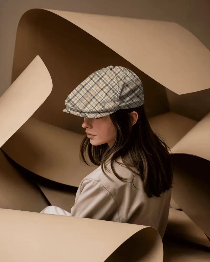 Fashion Flat Cap Mockup On Female Model Amid Curved Paper Art Studio Editorial Modern Vibe