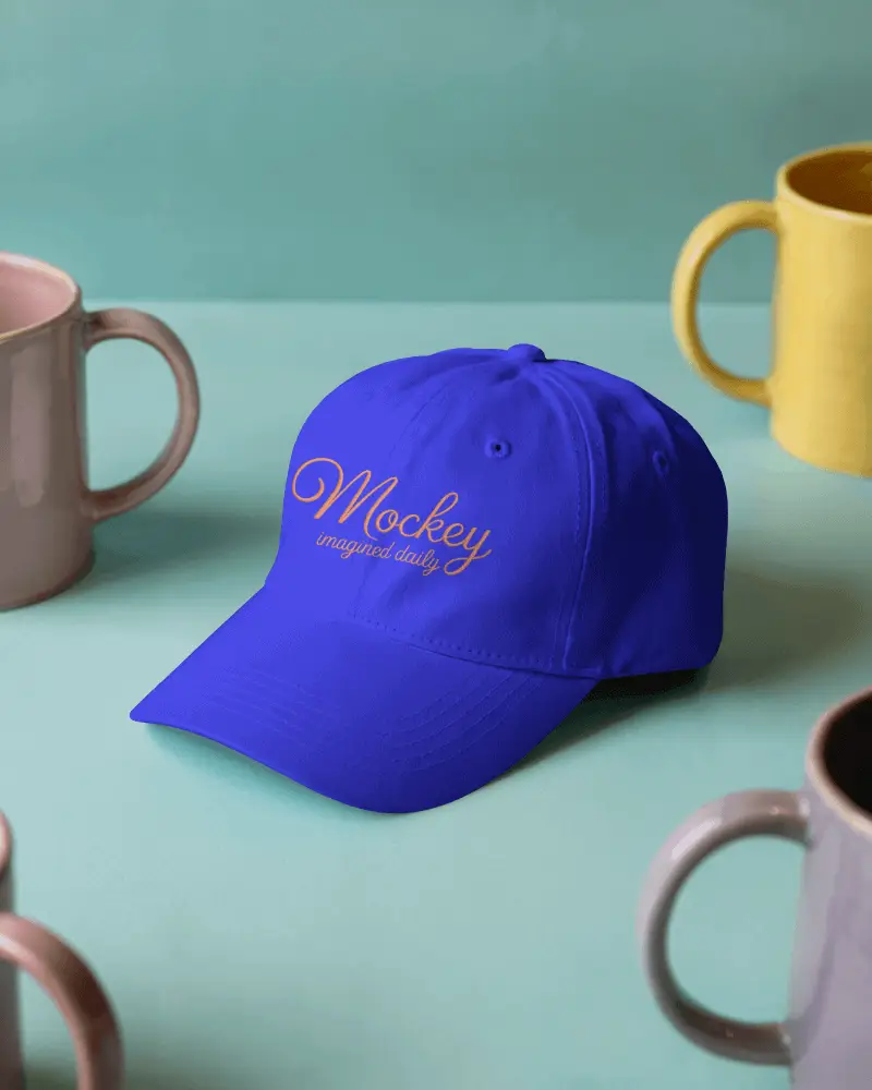 Colorful Lifestyle Cap Mockup Surrounded By Ceramic Coffee Mugs On Pastel Desk Fun Vibrant