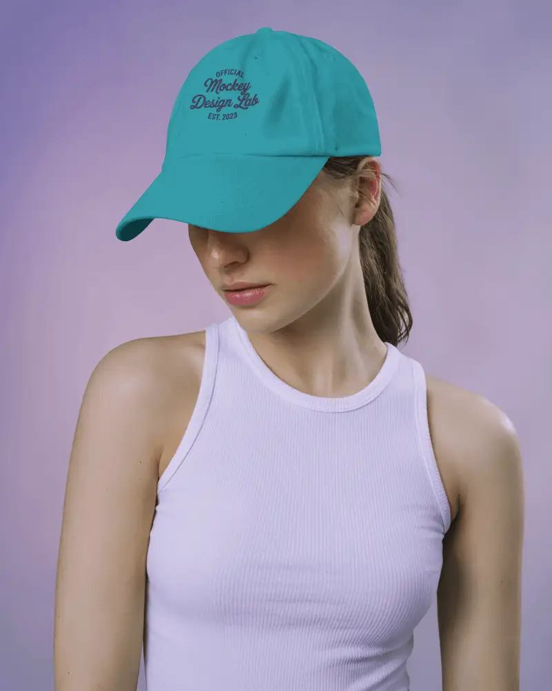 Lifestyle Cap Mockup On Female Model In White Top With Soft Purple Gradient Background Style