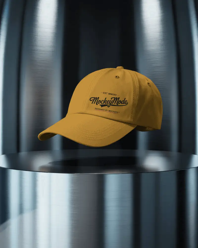 Cap Mockup Floating On Metallic Cylinder Podium Sci Fi Modern Studio Presentation