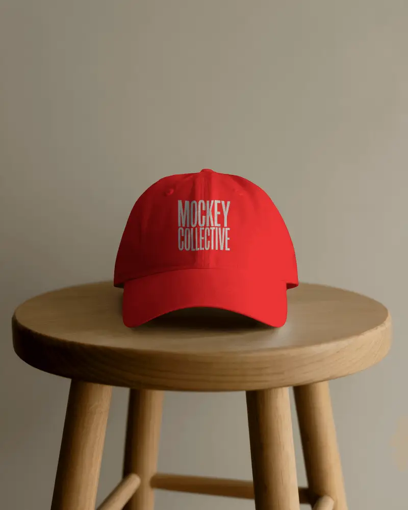 Lifestyle Cap Mockup On Wooden Stool Against Neutral Wall Modern Simple Display Home Setting