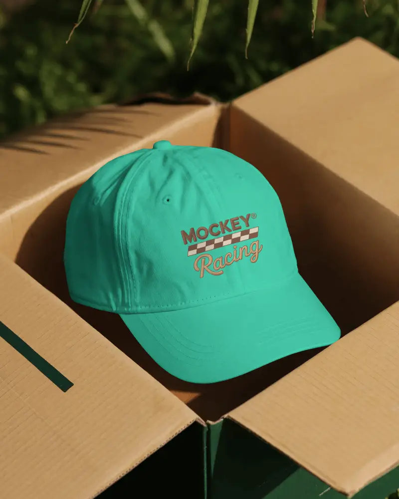 Lifestyle Cap Mockup In Cardboard Box With Sunlight Outdoor Setting Creative Modern Display