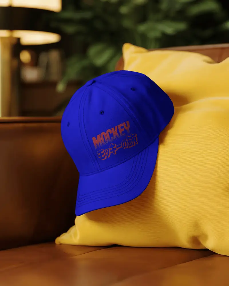 Lifestyle Cap Mockup On Yellow Cushion With Sofa Background Cozy Home Studio Fashion Display