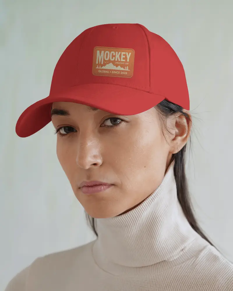 Fashion Cap Mockup On Female Model In Cream Turtleneck Minimalist Portrait Studio Presentation