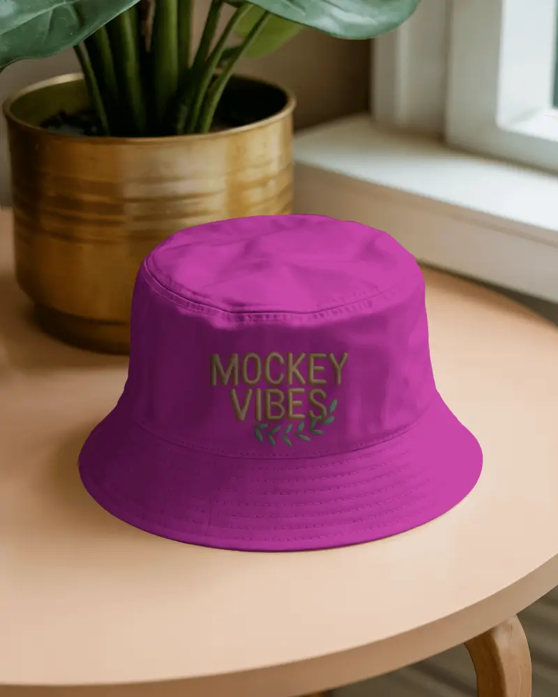 Bucket Cap Mockup On Wooden Table Near Golden Plant Pot Natural Light Home Lifestyle Display