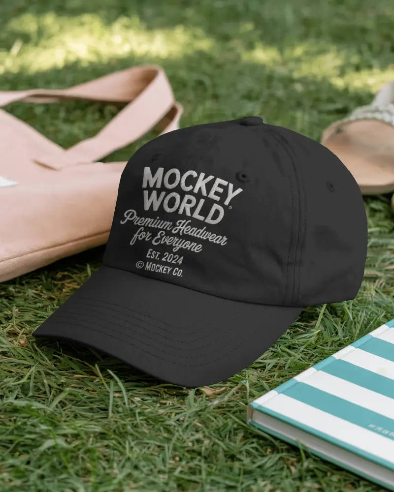 Casual Cap Mockup On Green Grass With Bag And Book Outdoor Lifestyle Summer Fashion Display