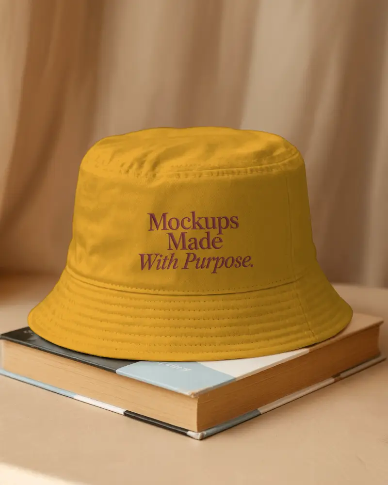 Bucket Cap Mockup Placed On Books Studio Setup With Soft Curtain Background Minimal Display
