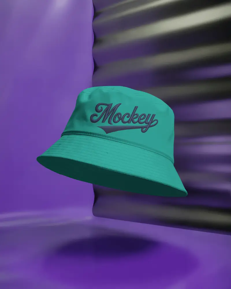 Floating Bucket Cap Mockup On Purple Background With Light Stripes Modern Studio Presentation