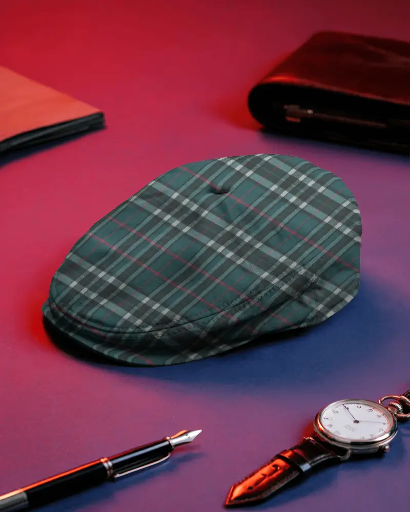 Flat Cap Mockup On Red Blue Surface With Watch Wallet And Pen Premium Fashion Studio Display