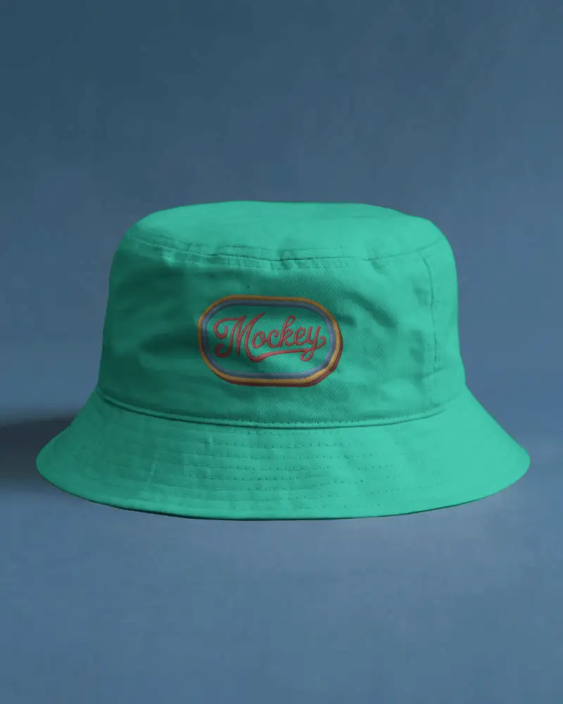 Bucket Hat Mockup On Blue Background Minimalist Studio Setup Clean Modern Fashion Presentation