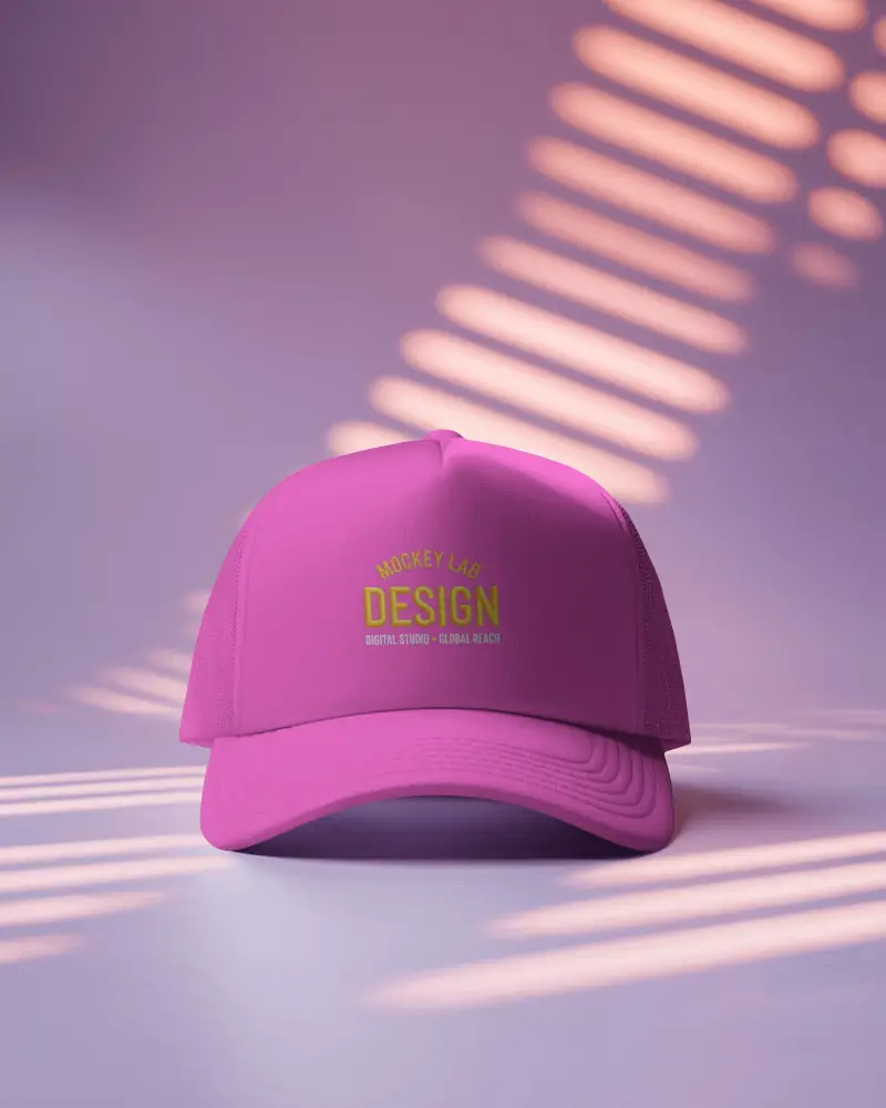 Trucker Cap Mockup On Purple Background With Sunlight Shadow Stripes Modern Studio Presentation