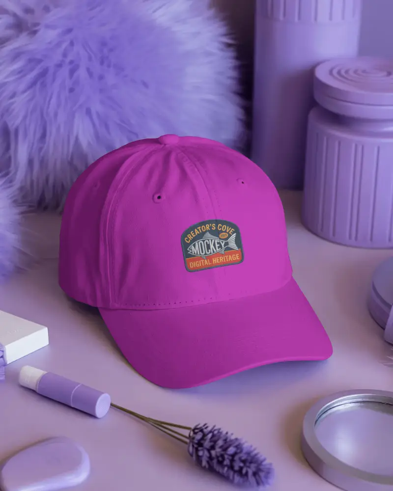 Lifestyle Cap Mockup On Purple Vanity Desk With Cosmetic Products Modern Fashion Studio Scene