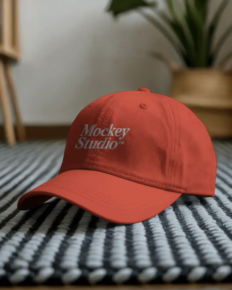 Casual Cap Mockup On Striped Rug With Plant In Background Home Lifestyle Fashion Display Style