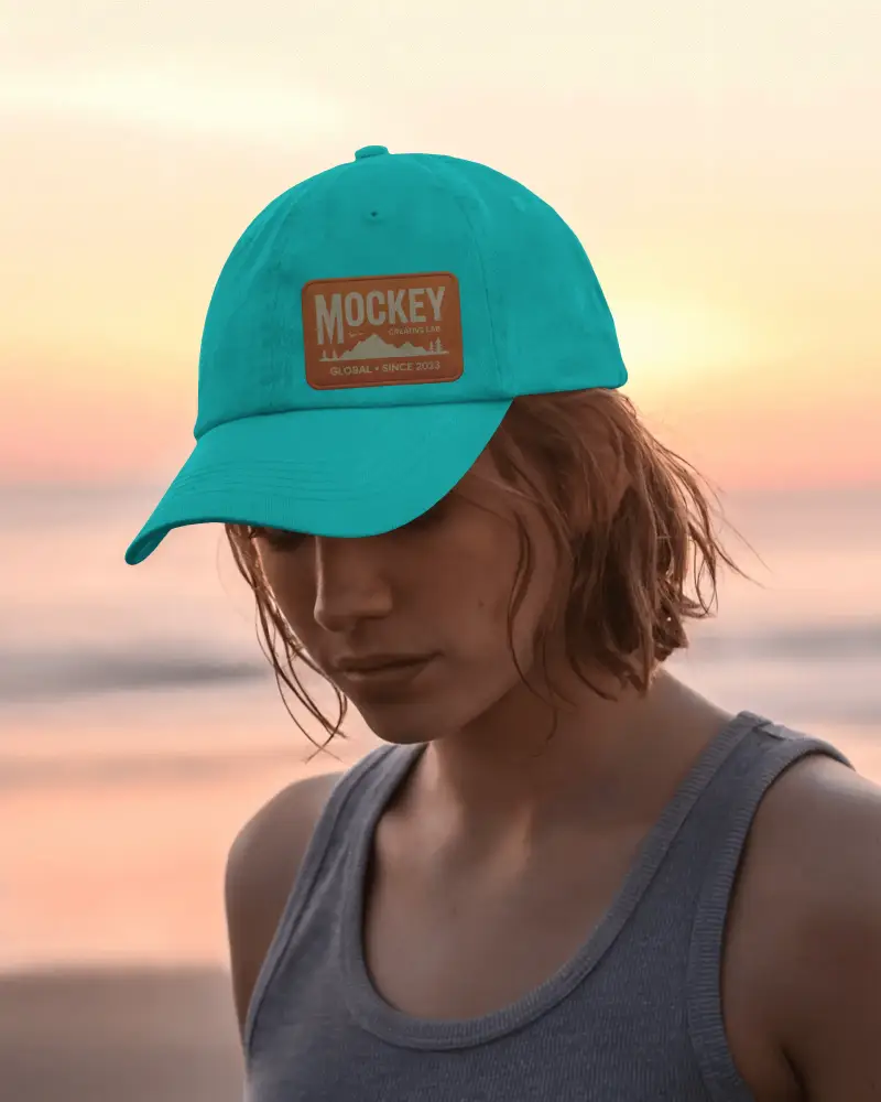 Fashion Cap Mockup On Female Model At Beach During Sunset Outdoor Lifestyle Modern Style Shot