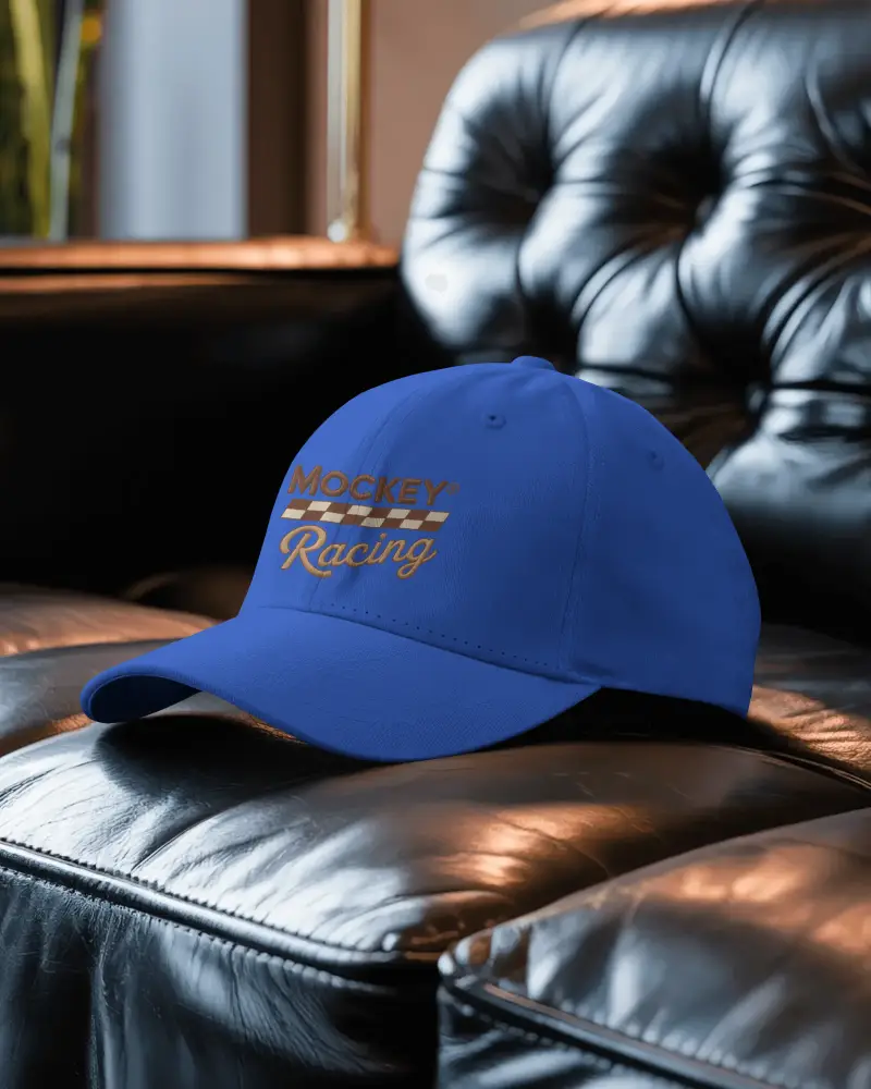 Casual Cap Mockup On Black Leather Sofa Premium Modern Studio Display Stylish Fashion Scene