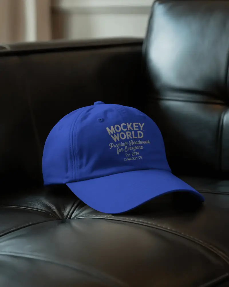 Casual Cap Mockup On Dark Leather Sofa Modern Studio Display Clean Fashion Minimalist Style