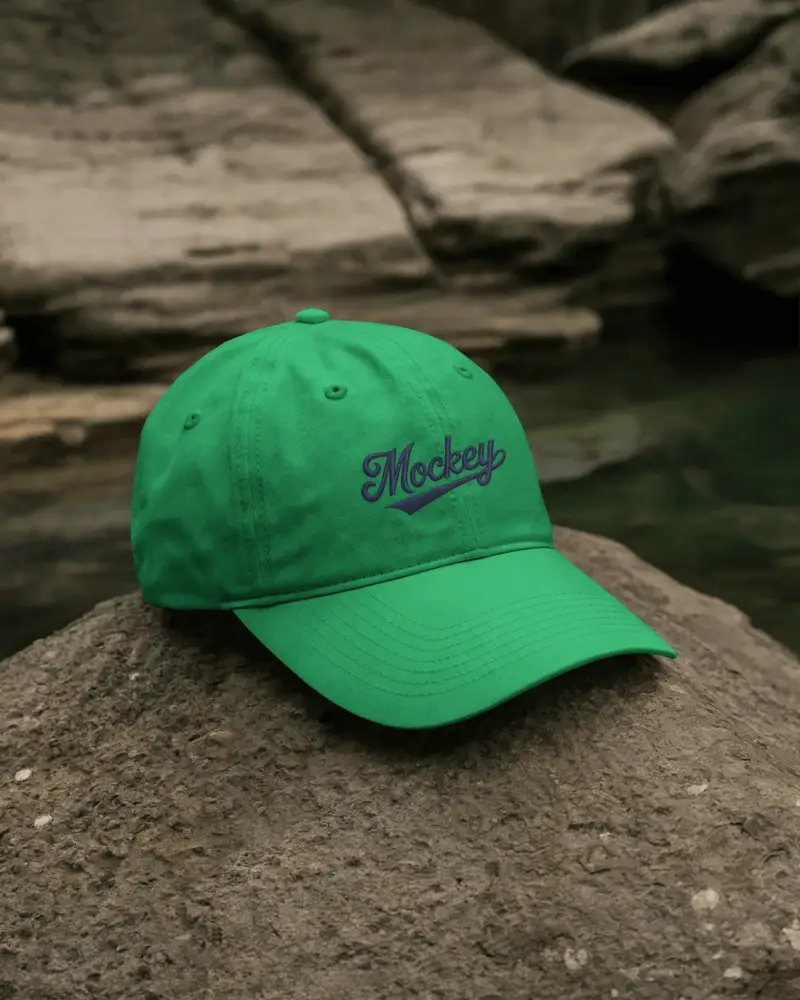 Outdoor Cap Mockup On Rock Near Water Natural Setting Lifestyle Fashion Travel Display Shot