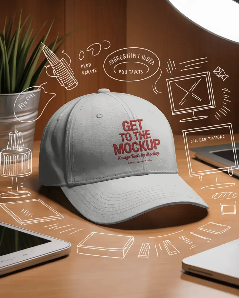Creative Cap Mockup On Desk With Drawn Icons Around It Modern Studio Setup Lifestyle Display