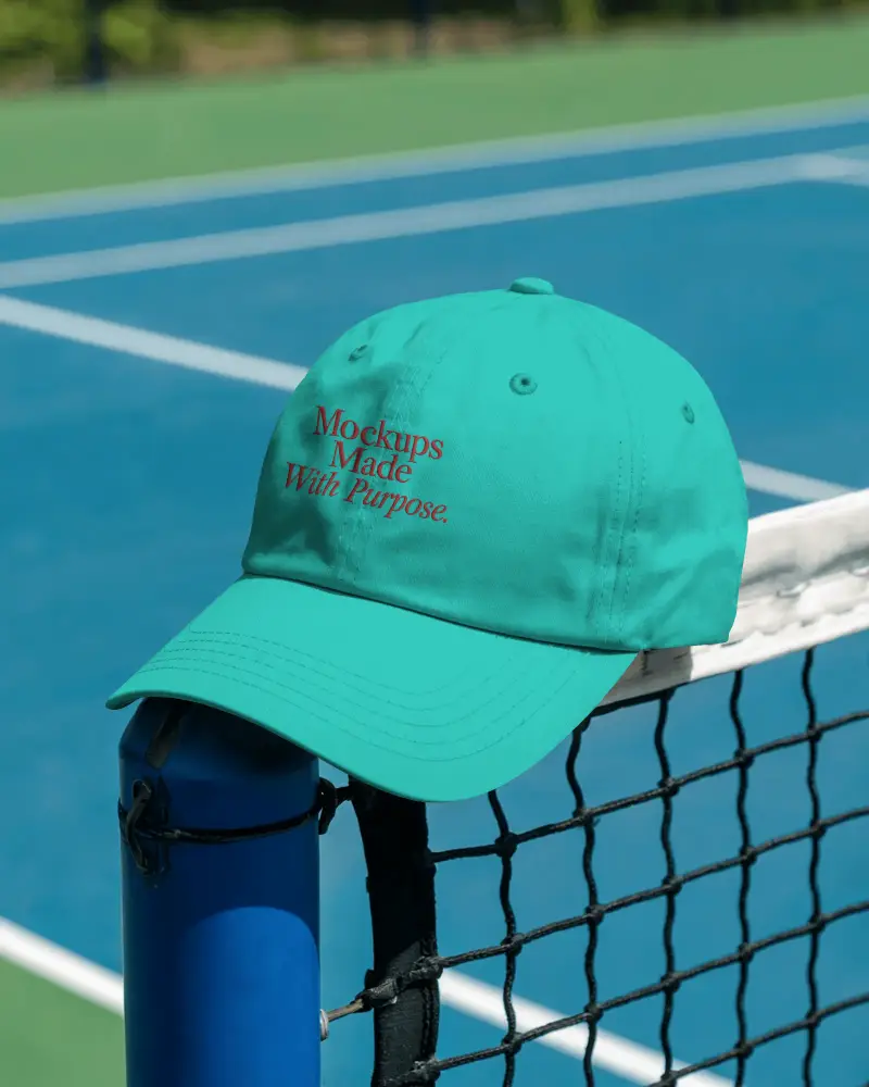 Sporty Cap Mockup On Tennis Court Net Blue Background Outdoor Active Lifestyle Fashion Display