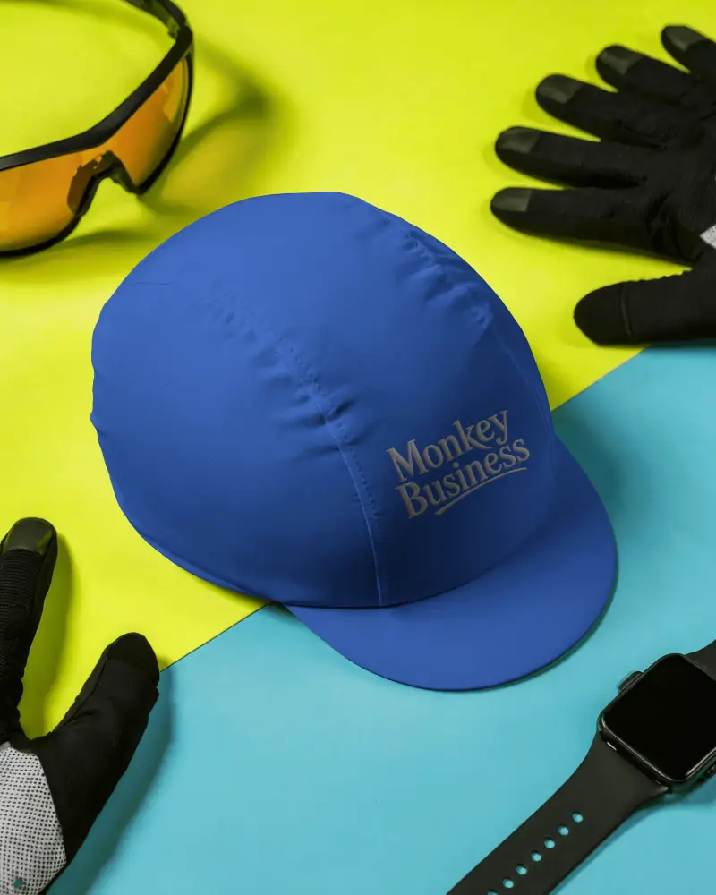 Cycling Cap Mockup On Yellow And Blue Background With Gear Gloves Watch Sporty Fashion Scene