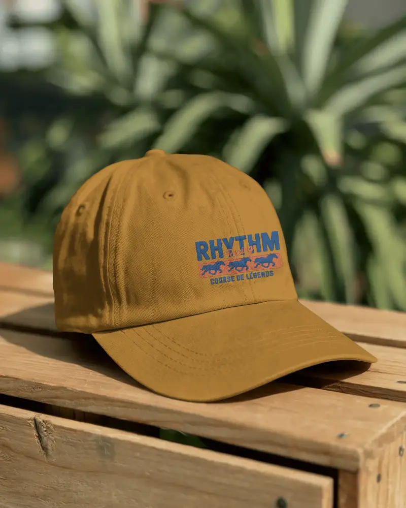 Casual Cap Mockup On Wooden Bench Outdoor Garden Setting Natural Lifestyle Fashion Display