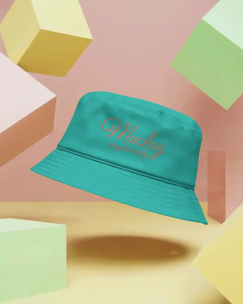 Bucket Hat Mockup Floating In Geometric 3d Colorful Studio Background Modern Fashion Display