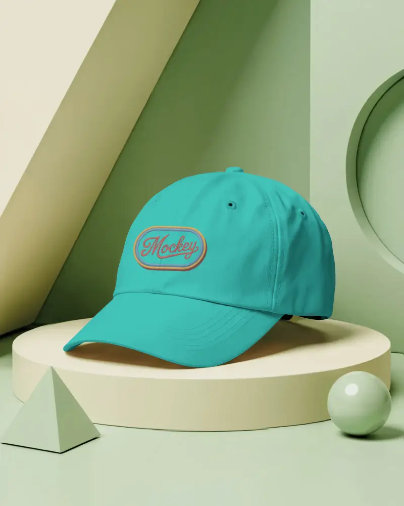 Lifestyle Cap Mockup On Green 3d Studio Podium With Geometric Shapes Modern Fashion Display