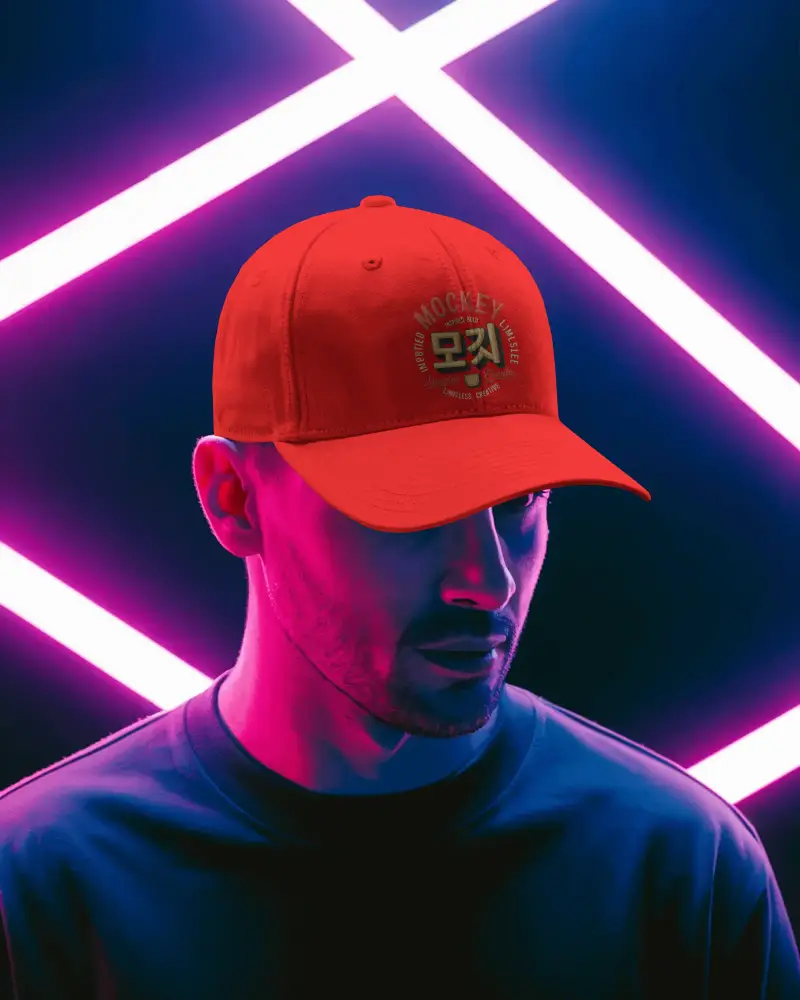 Fashion Cap Mockup On Male Model With Neon Lights Background Studio Portrait Modern Display