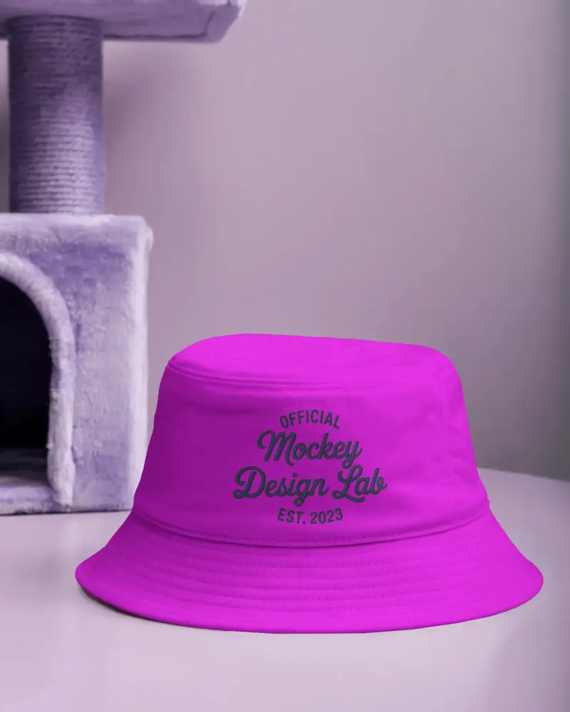 Bucket Hat Mockup On Purple Surface Near Cat Tree Minimalist Studio Display Modern Fashion Style