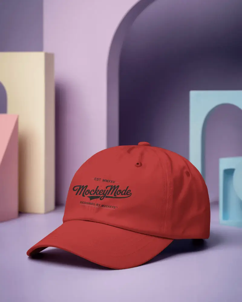 Casual Cap Mockup On Purple 3d Arch Background Stylish Modern Studio Display Fashion Minimalist