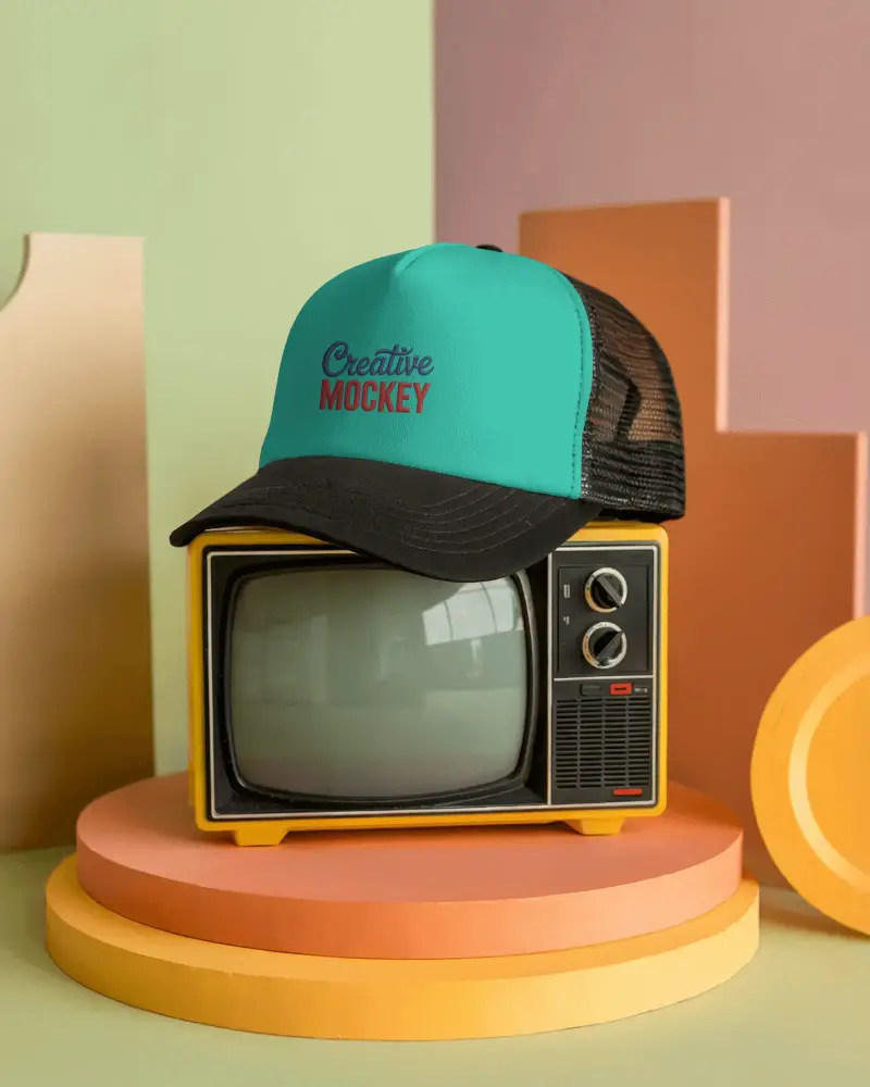 Trucker Cap Mockup On Vintage Tv With Colorful 3d Background Retro Modern Fashion Display Style