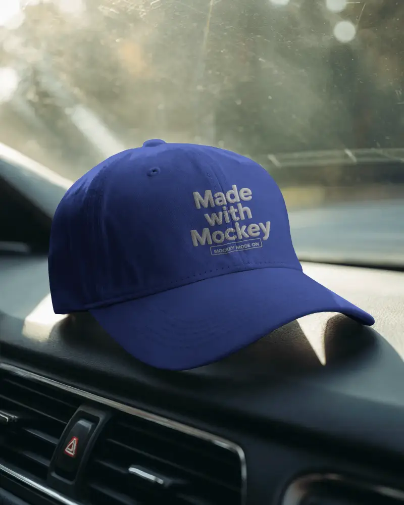 Casual Cap Mockup On Car Dashboard With Sunlight Shadows Lifestyle Travel Fashion Display Shot