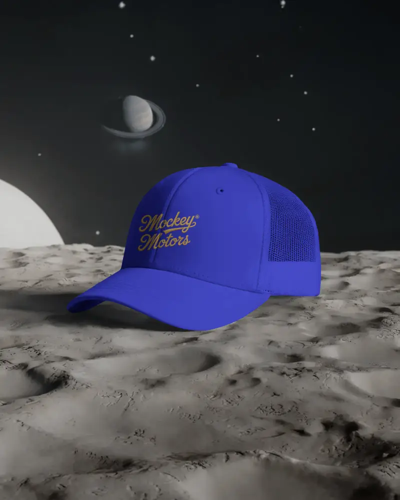 Trucker Cap Mockup On Moon Surface With Saturn In Background Space Themed Modern Fashion Display