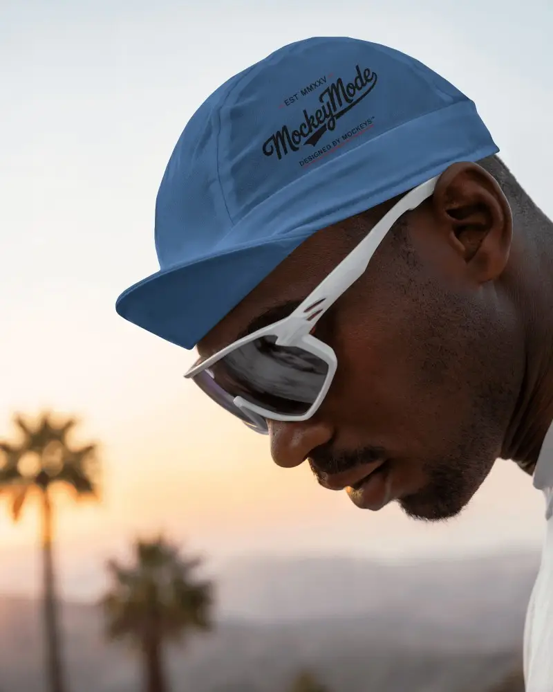 Sunset Cycling Cap Mockup On Athlete With Sporty Sunglasses And Warm Horizon