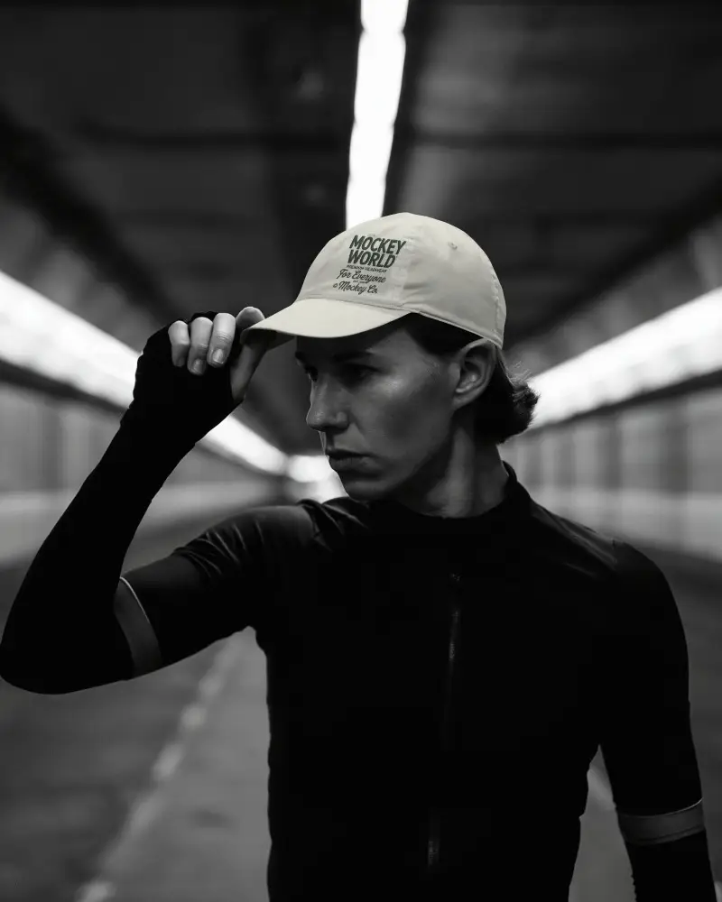 Moody Trucker Cap Mockup In High Contrast Black And White Tunnel In Dramatic Monochrome Light