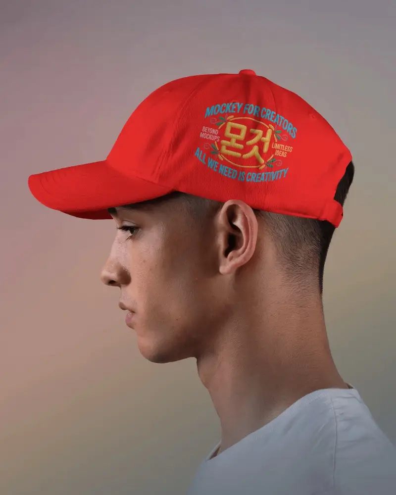 Minimal Cap Trucker Mockup On Male Profile Against Subtle Pastel Smooth Color Gradient