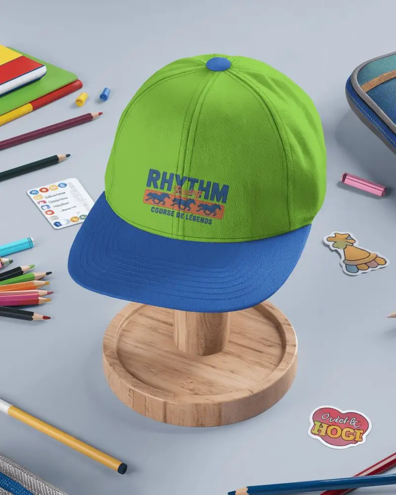 Classroom Desk Cap Mockup Featuring Blue Brim Hat With Stationery Around