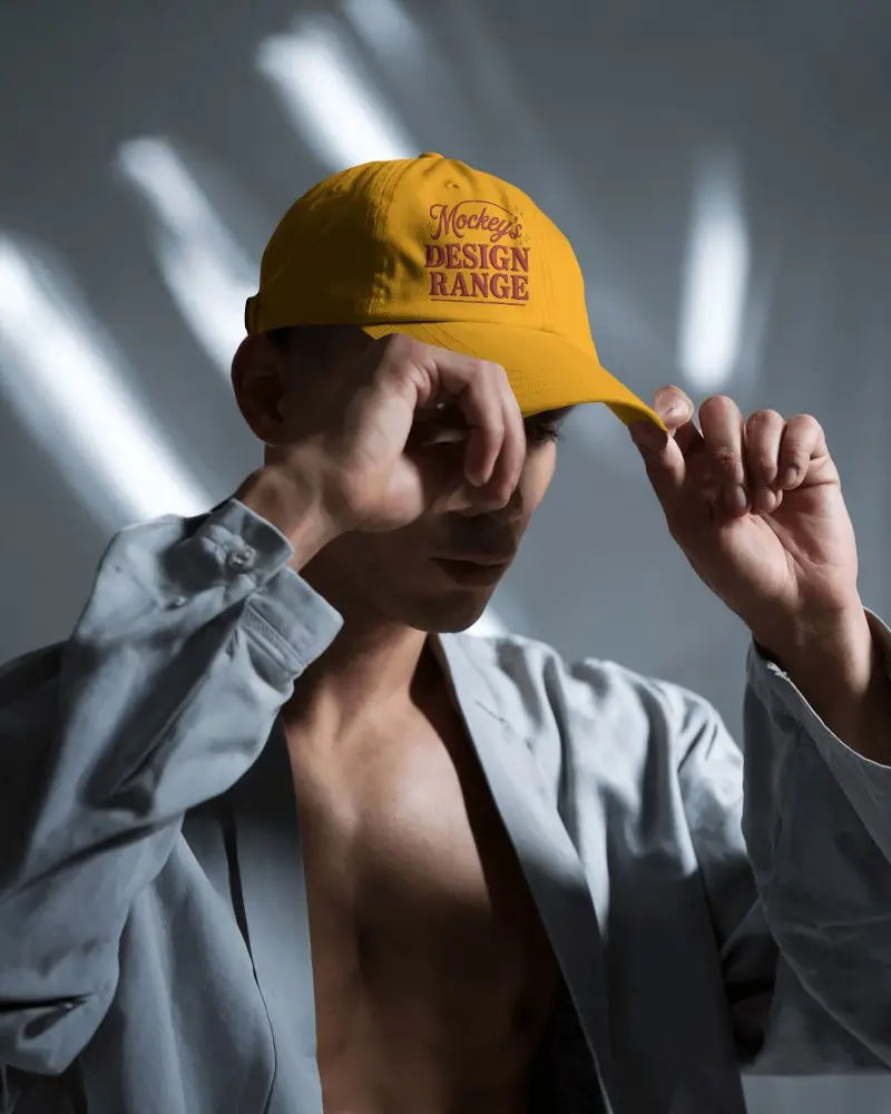 Artistic Cap Mockup With Male Model Adjusting Brim Under Dramatic Shadow Play