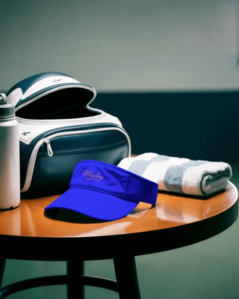 Premium Sports Visor Mockup Styled On Gym Table With Training Gear Aesthetic