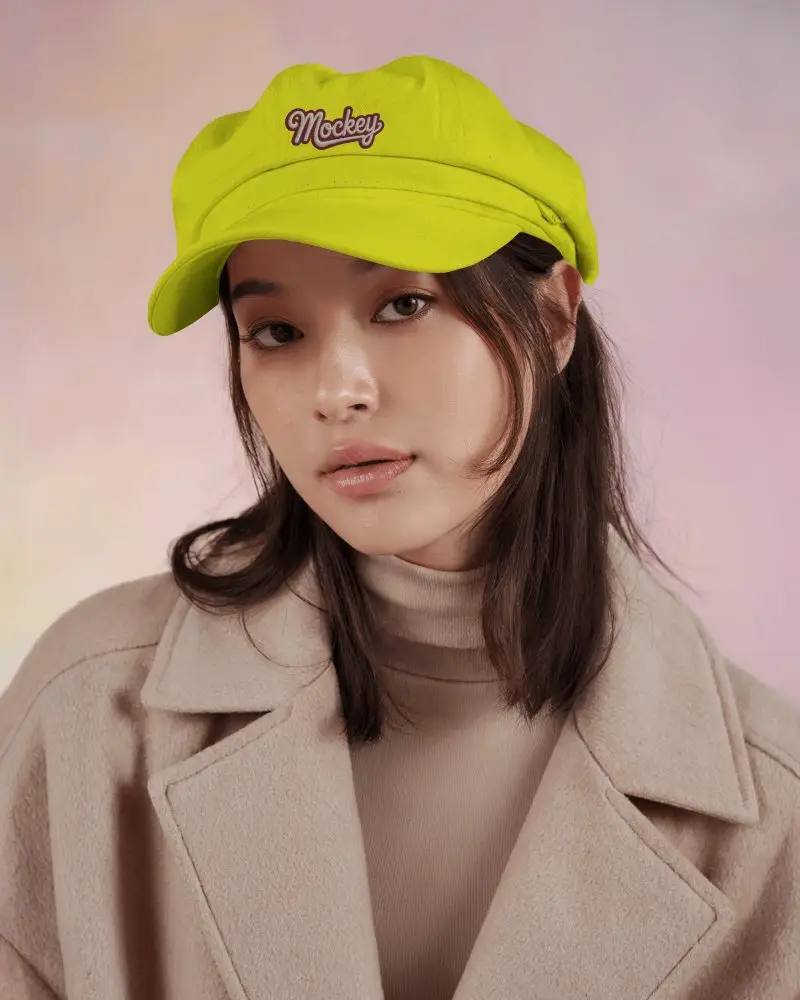 Elegant Winter Fashion Cap Mockup Featuring Soft Pastel Portrait Studio Look